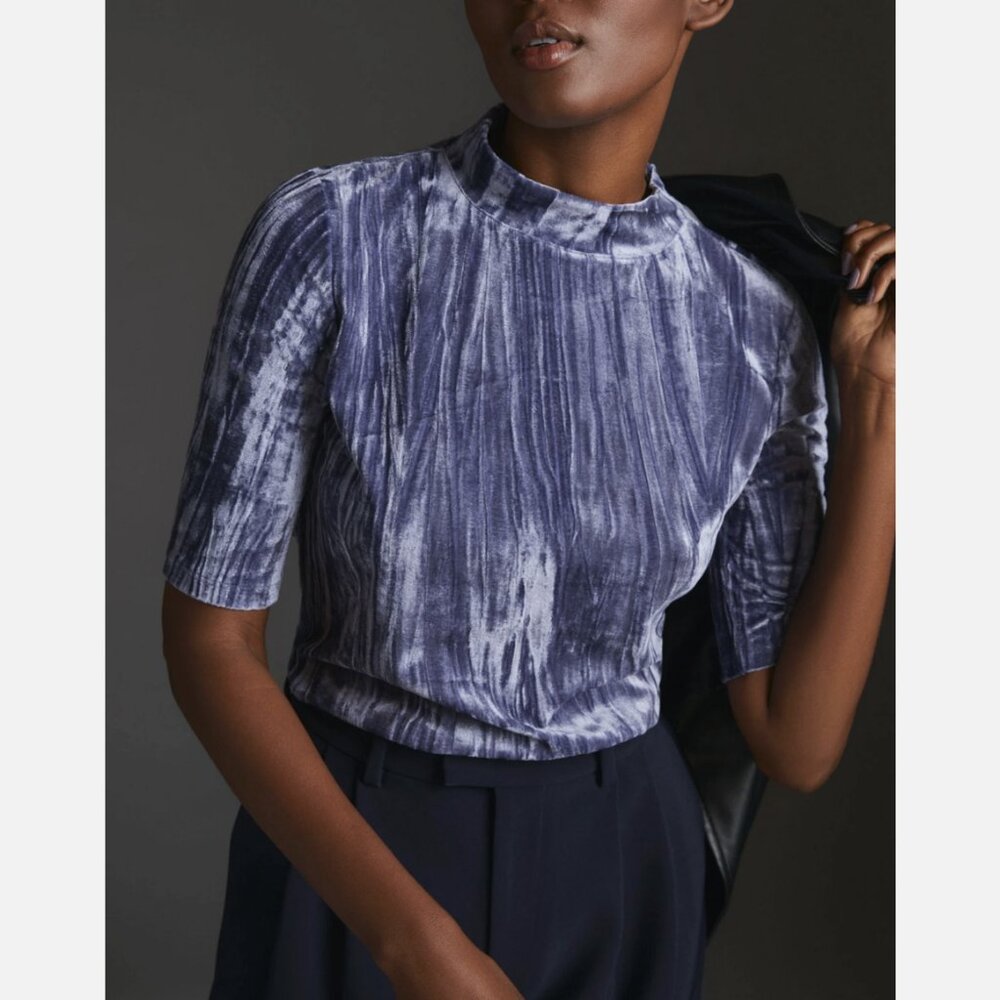 Anthropologie Pilcro Bluish Short Sleeve Velveteen Mock Neck Top